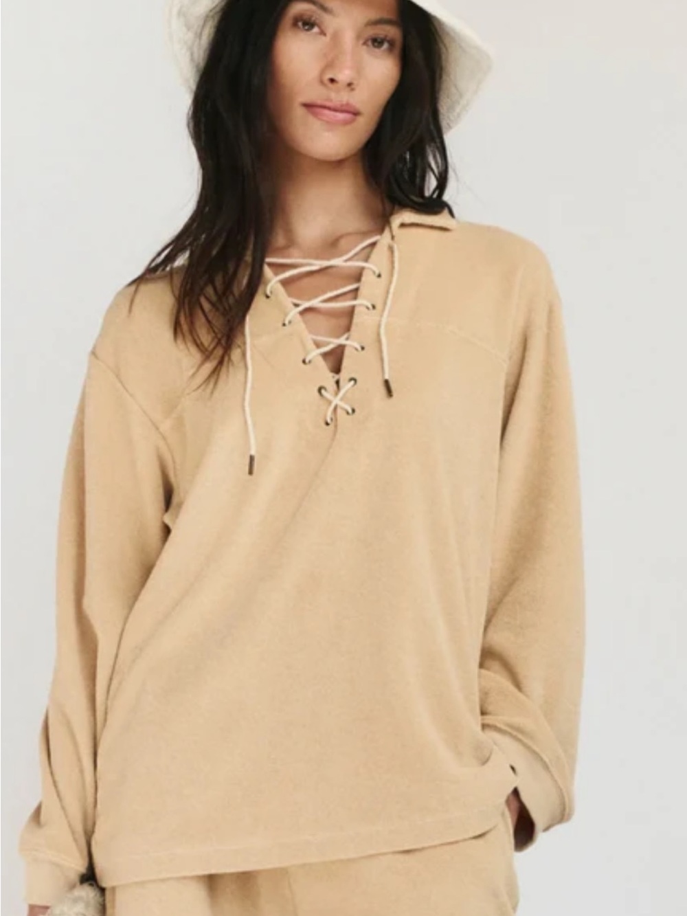 THE GREAT.  Micro terry Lace-Up Fleece tunic with matching shorts